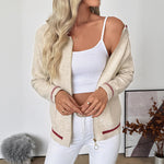 Beige knit zip-up bomber cardigan with front zipper, ribbed cuffs, and red stripe details