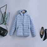 Ultralight quilted hooded jacket, light blue, full-zip with side zip pockets