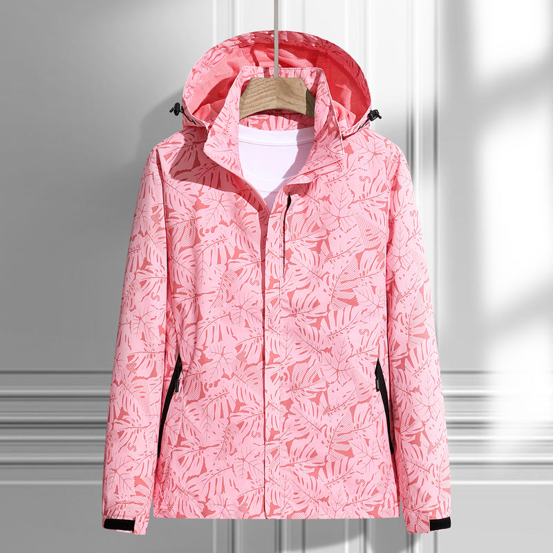 Lightweight rain jacket with hood, leaf print, front zipper, pink with dark trim