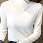 Women’s white roll-neck long-sleeve sweater with V-shaped collar seam