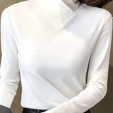 Women’s white roll-neck long-sleeve sweater with V-shaped collar seam