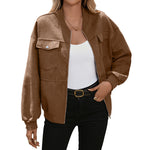 Oversized brown bomber jacket with zip front and flap chest pockets, long sleeves