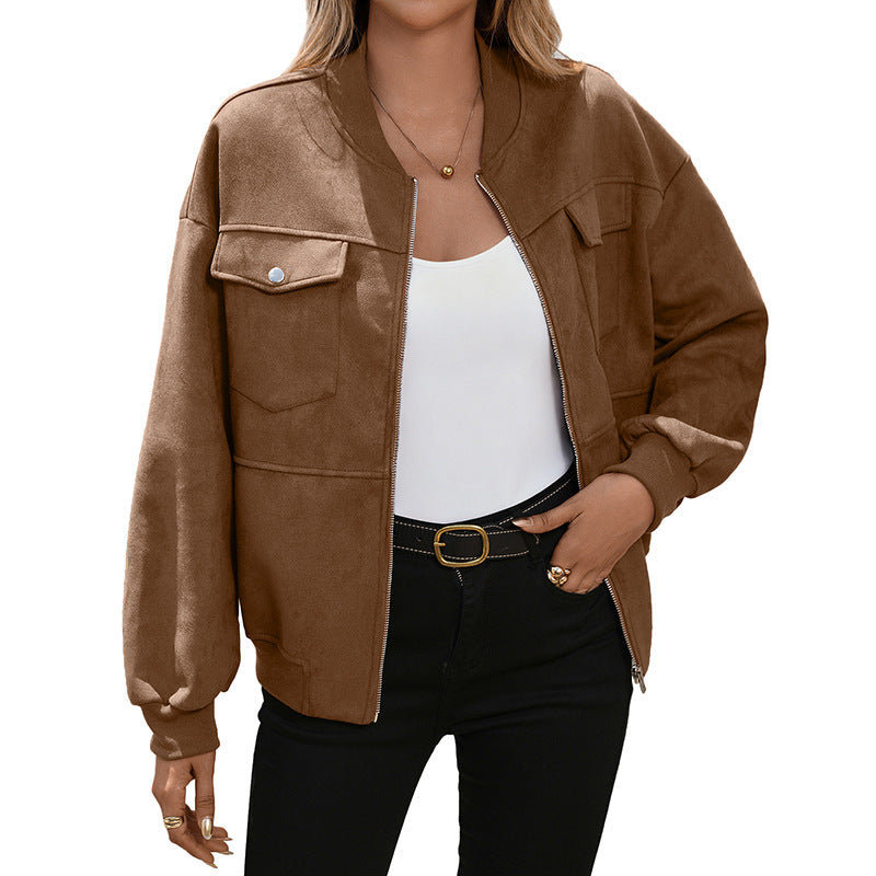 Oversized brown bomber jacket with zip front and flap chest pockets, long sleeves