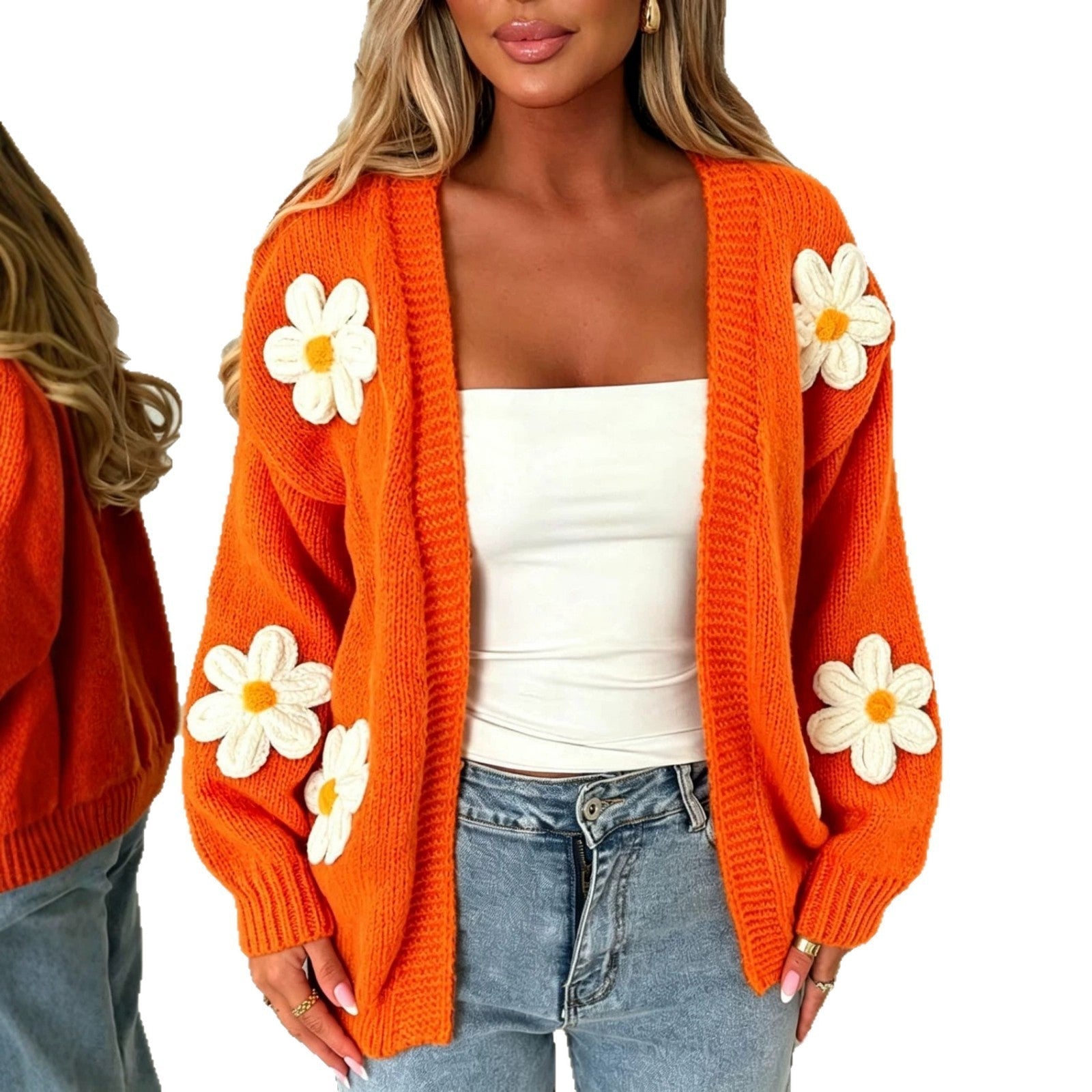 Oversized orange long-sleeve cardigan with white daisy flower appliqués.