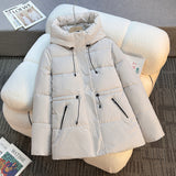 Women's short padded hooded jacket, off-white with high stand collar and drawcord
