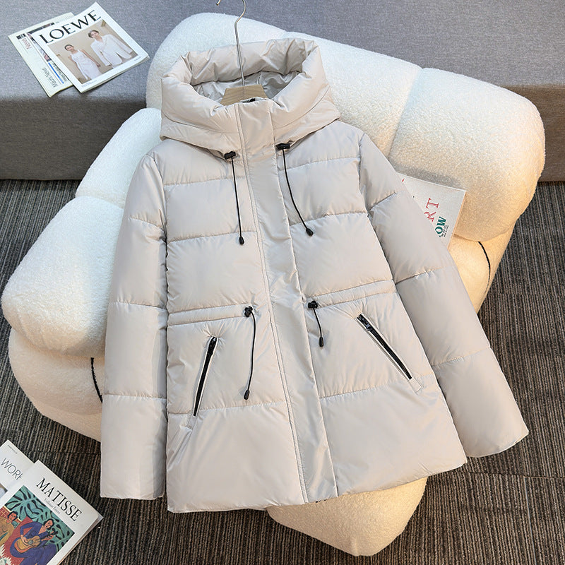 Women's short padded hooded jacket, off-white with high stand collar and drawcord