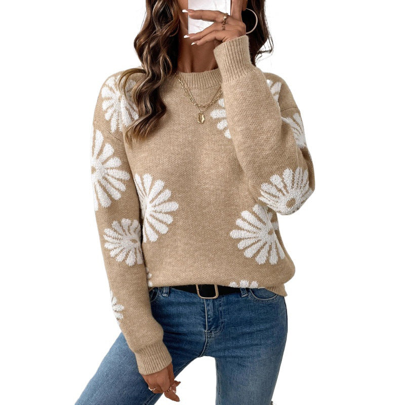 Women's khaki long-sleeve crewneck sweater with scattered white daisy florals