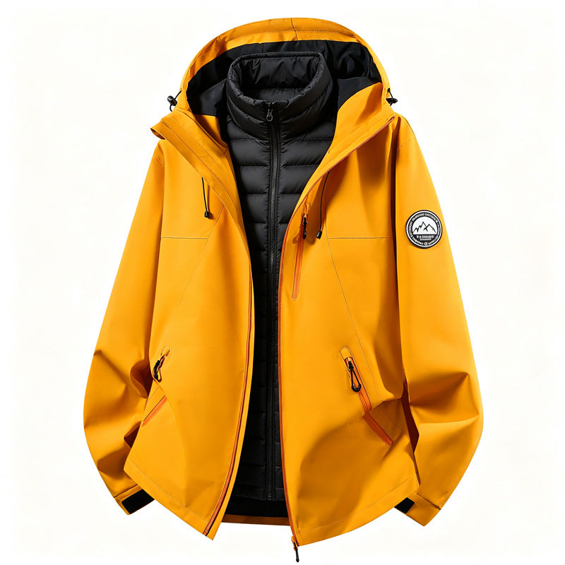 Softshell outdoor jacket with removable inner jacket, mustard orange shell and black inner vest