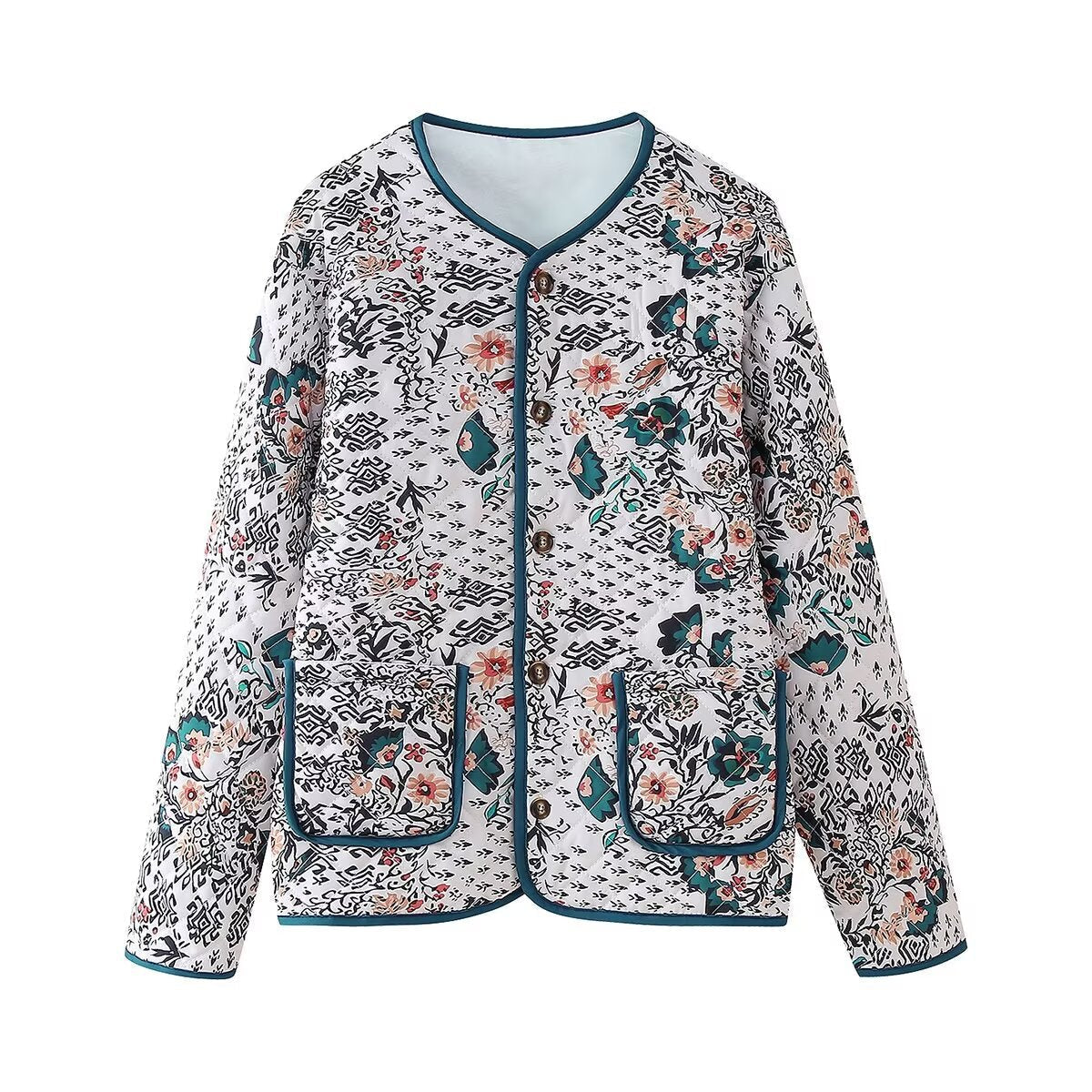 Women's floral patterned zip-front jacket with round neck, blue trim on cuffs and patch pockets