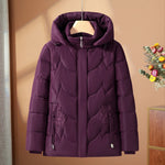 Purple quilted thermo outdoor jacket with hood, full zip, floral embroidery detail