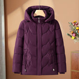 Purple quilted thermo outdoor jacket with hood, full zip, floral embroidery detail