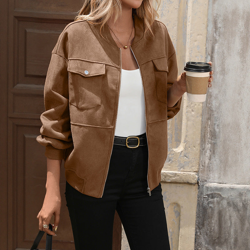 Oversized brown suede-look bomber jacket with zip front, stand collar, and chest flap pockets