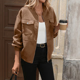Oversized brown suede-look bomber jacket with zip front, stand collar, and chest flap pockets