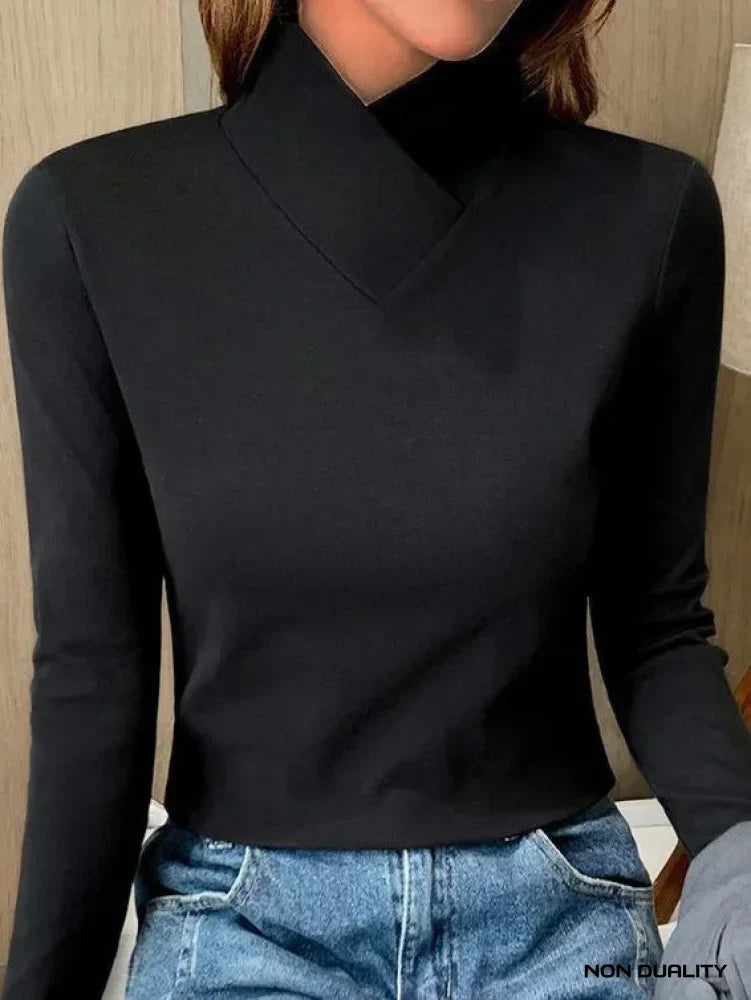 Women’s black roll-neck long-sleeve sweater with V-shaped collar detail