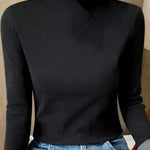 Women’s black roll-neck long-sleeve sweater with V-shaped collar detail
