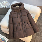 Women's short padded hooded jacket, brown with high stand collar and drawcord