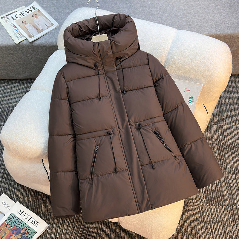 Women's short padded hooded jacket, brown with high stand collar and drawcord