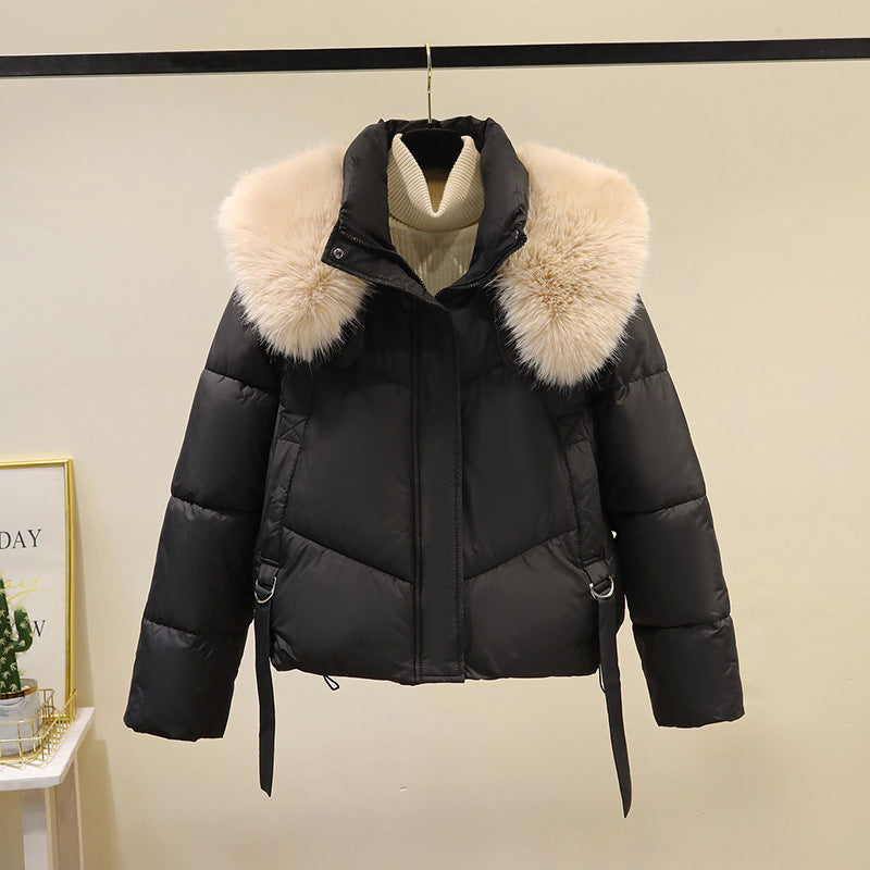 Women's short quilted puffer jacket with faux fur collar, black, front zipper, waist ties