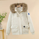 Offwhite padded bomber jacket with faux-fur hood, zip-front, and flap pockets