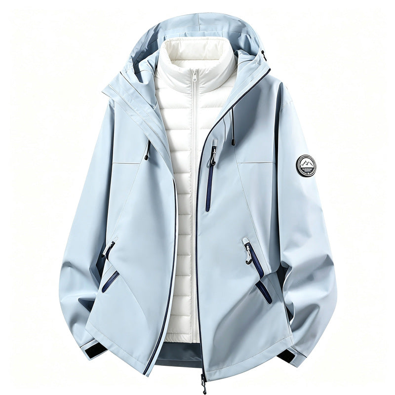 Softshell outdoor jacket with removable inner jacket, light blue shell and white inner vest