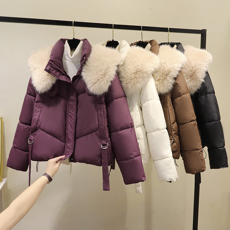 Women's short quilted puffer jacket, faux fur collar, waist tie belts, purple