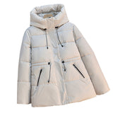 Women's short padded hooded jacket in off-white, zip front and drawcord hood
