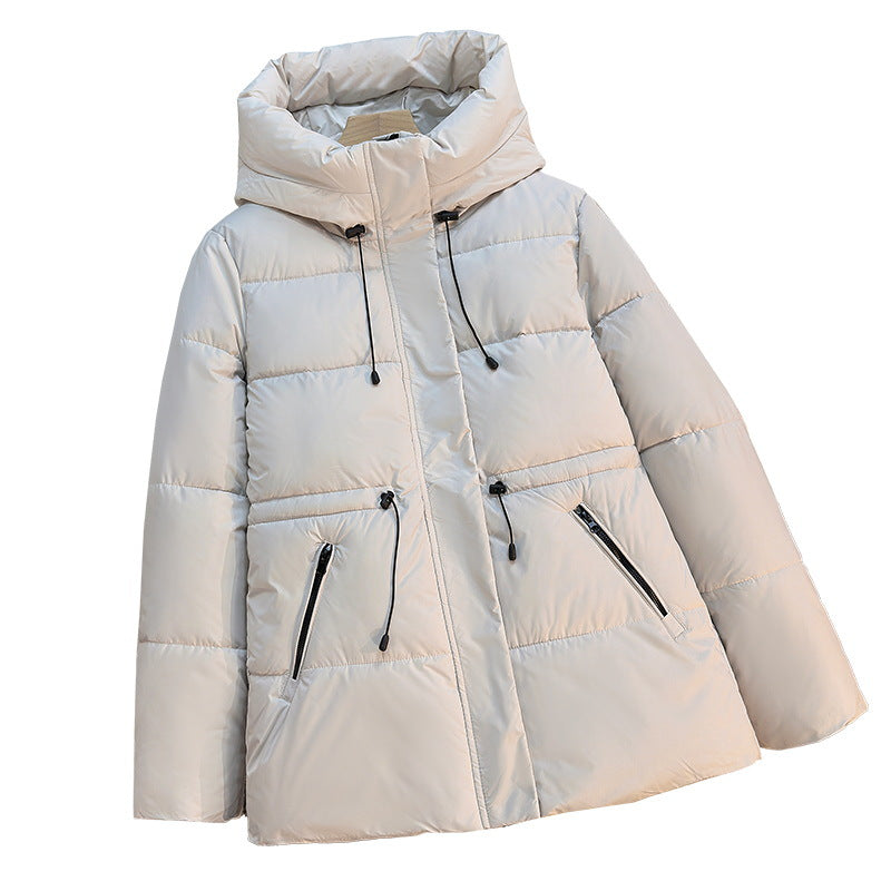 Women's short padded hooded jacket in off-white, zip front and drawcord hood