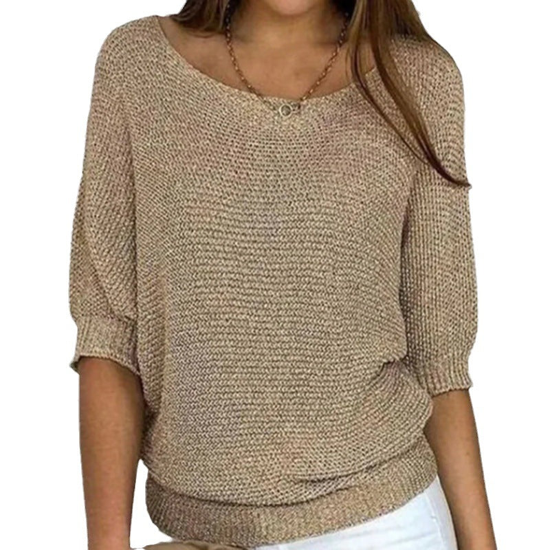 Beige women’s comfort pullover, chunky knit, round neckline, 3/4 sleeves