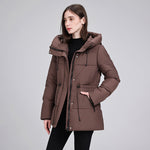 Quilted hooded puffer parka with adjustable waist drawcord and ribbed cuffs, dark brown