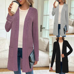 Longline rib-knit cardigan, long sleeves, open front, side pockets, mauve-purple
