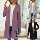 Longline rib-knit cardigan, long sleeves, open front, side pockets, mauve-purple