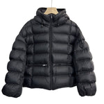 Short padded hooded thermal jacket in black with full-zip front and side zip pockets