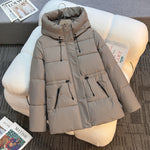Women's short padded hooded jacket, khaki with high stand collar and drawcord