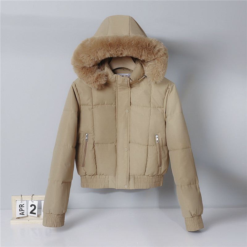 Short padded hooded jacket with faux fur trim, beige-brown