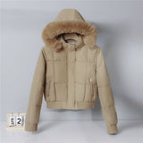 Short padded hooded jacket with faux fur trim, beige-brown