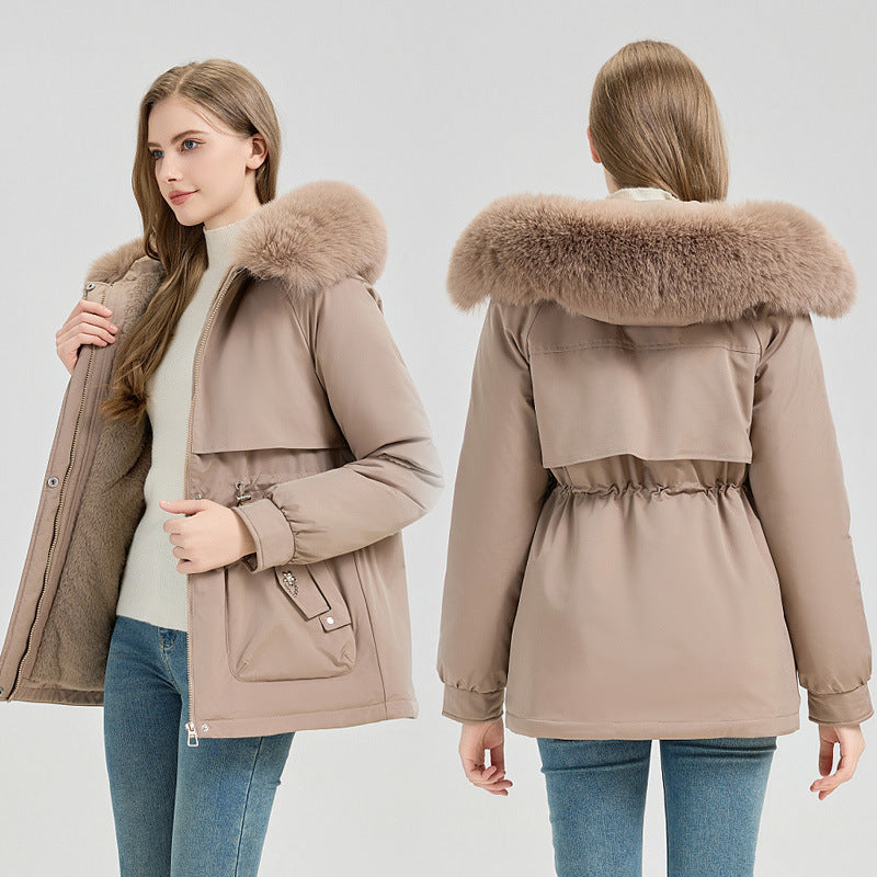 Short parka coat in light taupe with faux fur hood trim and front flap pockets