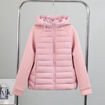 Women’s light hybrid quilted jacket with hood, pink, full front view on hanger