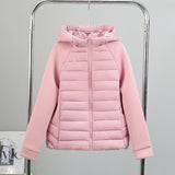 Women’s light hybrid quilted jacket with hood, pink, full front view on hanger