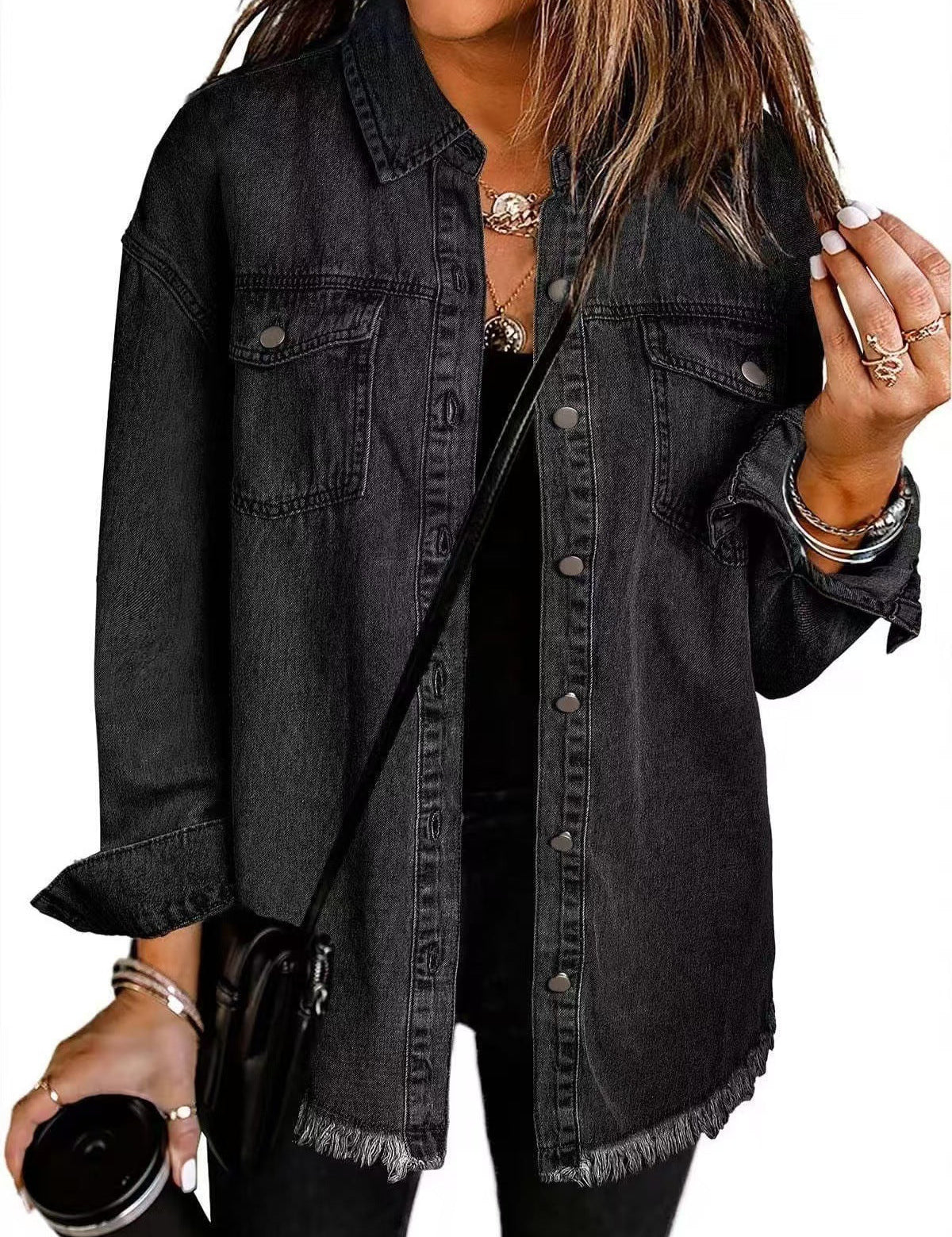 Roxane™ classic everyday denim jacket in black, button front and chest pockets
