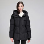 Quilted hooded puffer parka with adjustable waist drawcord and ribbed cuffs, black