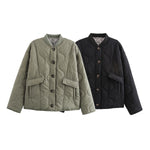 Quilted button-front jacket set: olive and black, round neckline with pockets