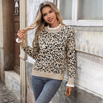 Khaki leopard-print crewneck sweater with ruffled collar detail
