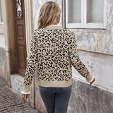 Khaki leopard-print crewneck pullover with ruffled cuffs, back view