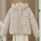 Women’s short quilted hooded jacket in light beige with hidden front zipper and chest pocket