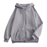 Light gray zip-up hooded jacket with kangaroo pocket and drawstring hood