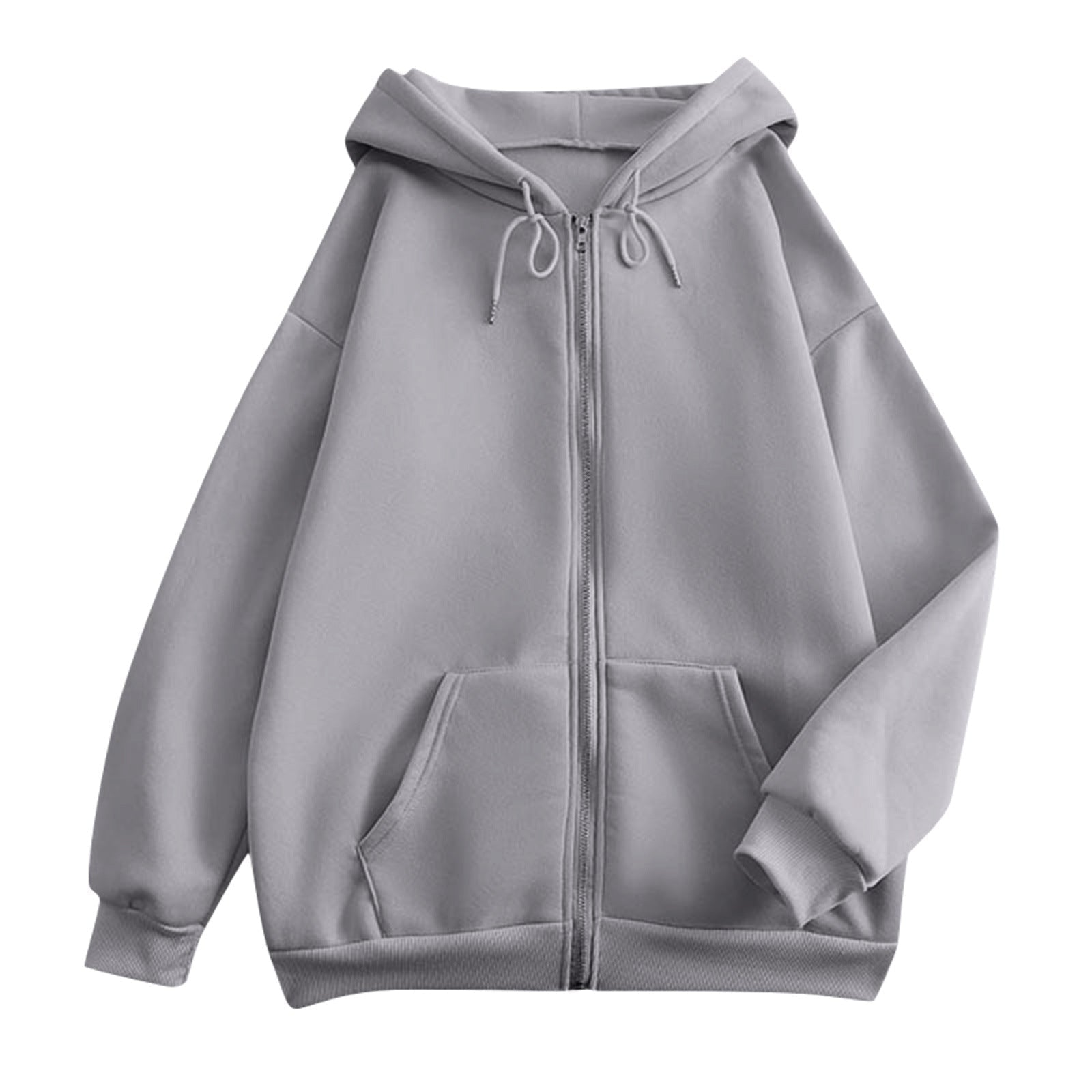 Light gray zip-up hooded jacket with kangaroo pocket and drawstring hood