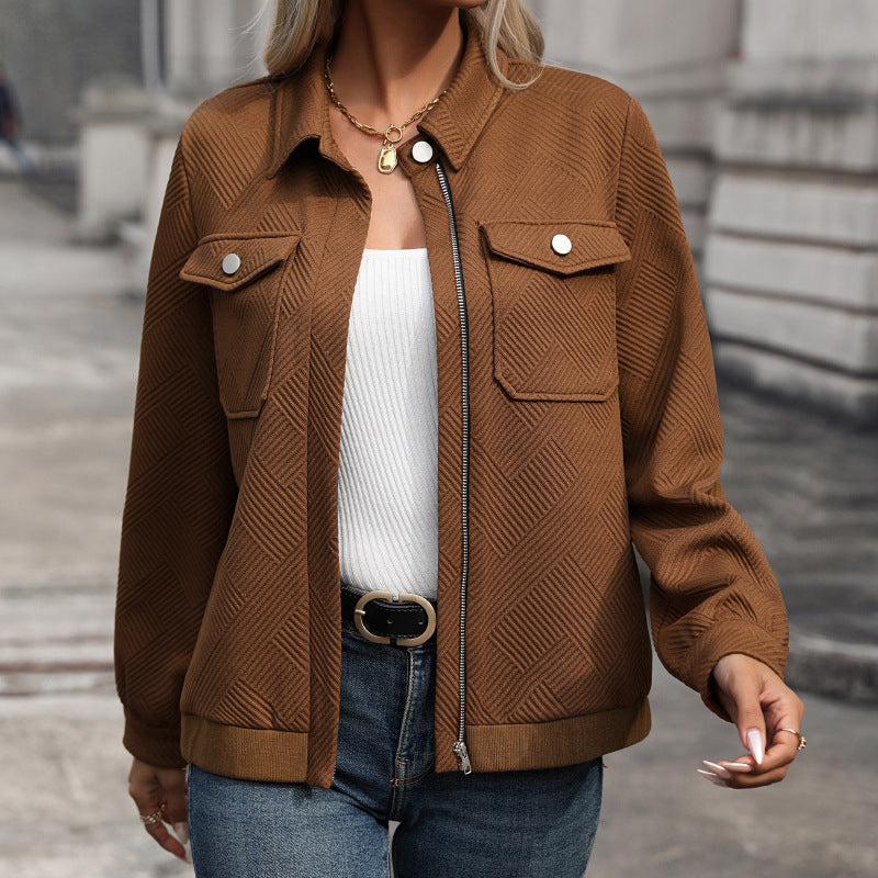 Women’s long-sleeve jacket in coffee brown with chest flap pockets and front zipper