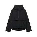 Black hooded windbreaker jacket with zip front and drawstring hood, pouch pocket