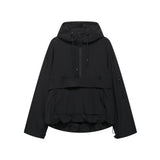 Black hooded windbreaker jacket with zip front and drawstring hood, pouch pocket