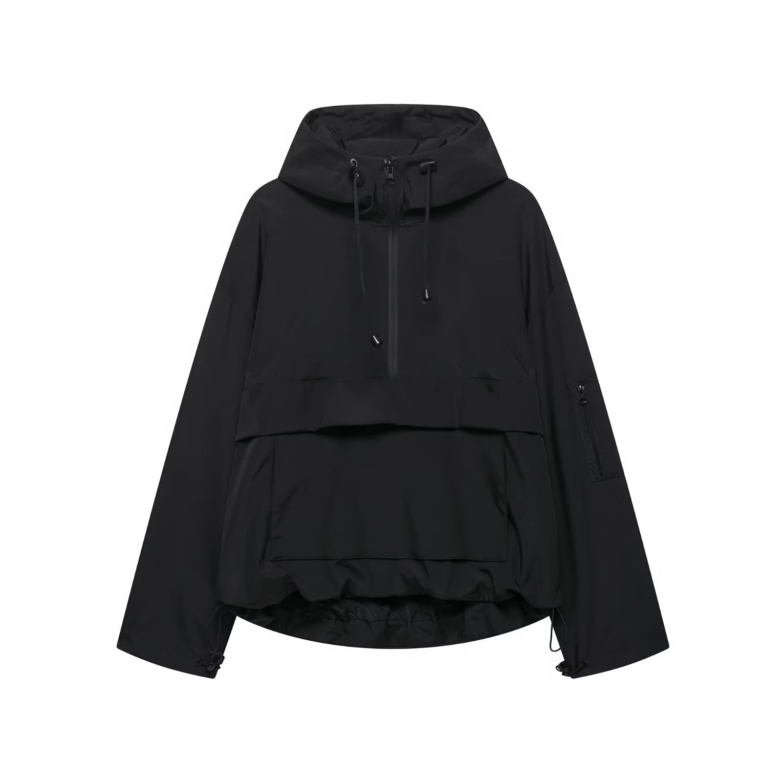 Black hooded windbreaker jacket with zip front and drawstring hood, pouch pocket
